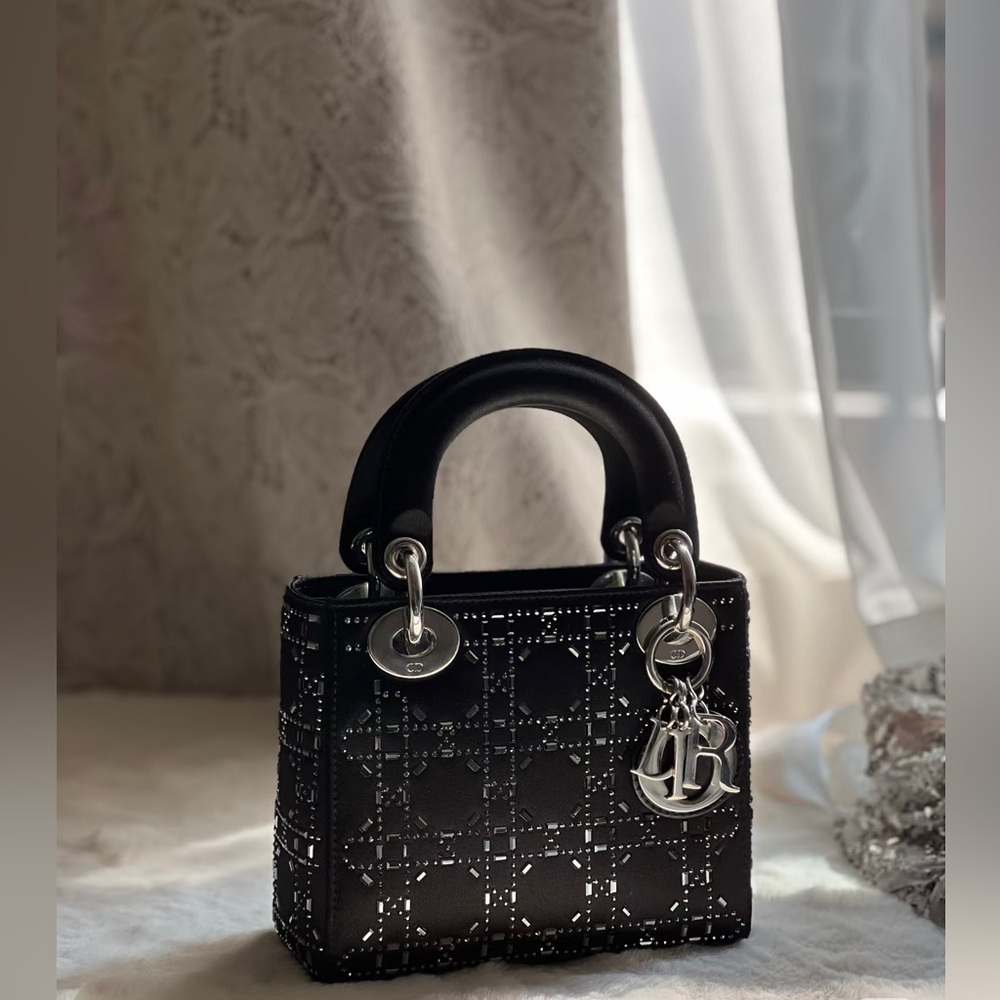 Mini Lady Dior Bag in black Strass Cannage Satin